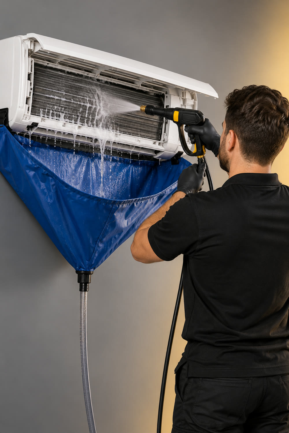 Técnico AirePlus realizando limpieza profesional de aire acondicionado
