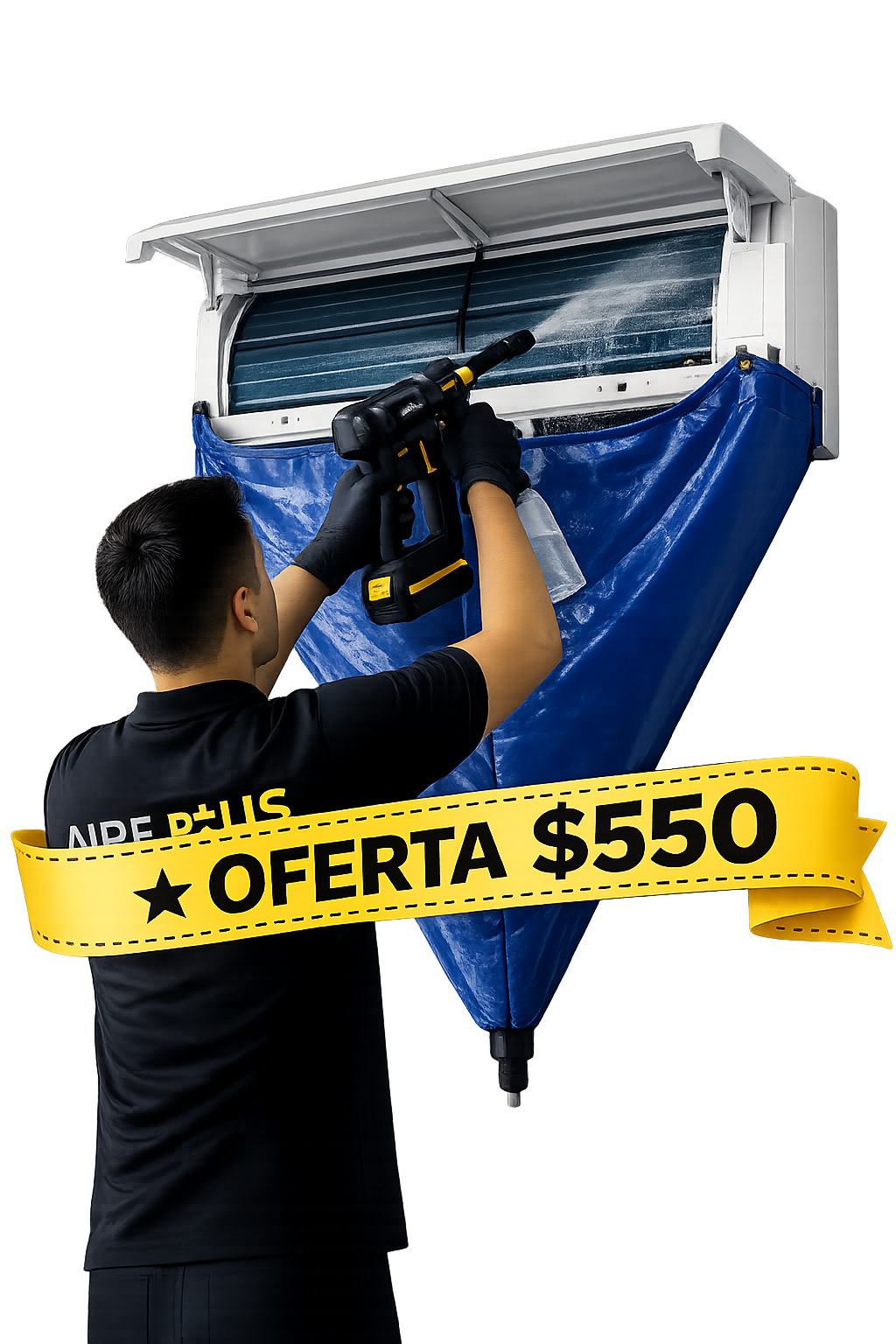 Técnico AirePlus realizando limpieza profesional de minisplit — Oferta $550